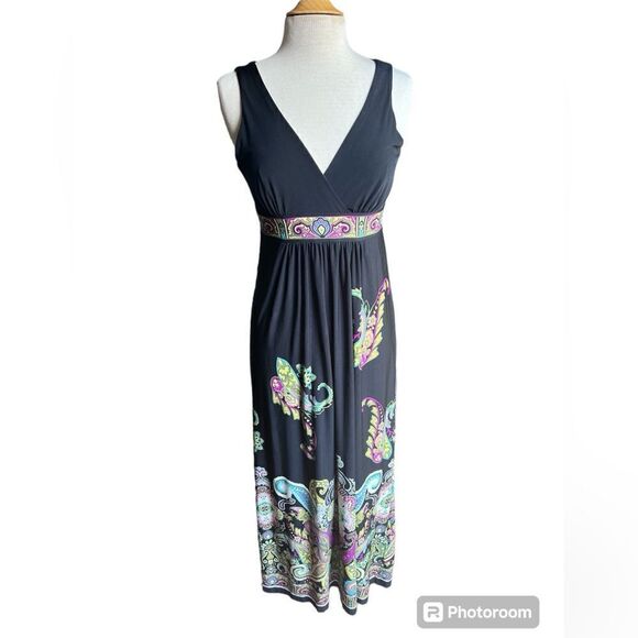 Sandra Darren 6 Black Colorful Paisley Surplice Neckline Sleeveless Maxi Dress - Picture 2 of 7